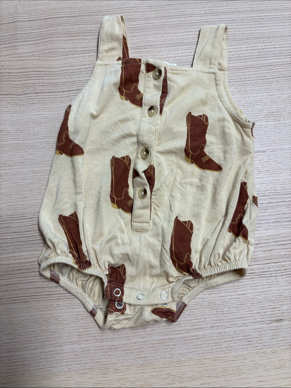 kate quinn Cream bamboo Romper with Brown Cowboy Boot Print
